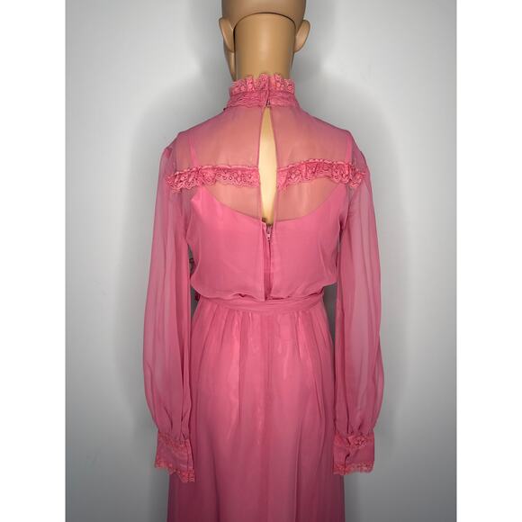 1970s Pink Chiffon Prairie Maxi High Neck Dress Lace Trim LGWD Canada XS - Picture 11 of 17
